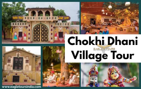 "Chokhi Dhani Village Tour showcasing traditional Rajasthani culture with camel rides and folk performances."