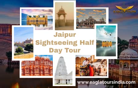 "Jaipur Sightseeing Half Day Tour highlights including Amber Fort, Hawa Mahal, and Jal Mahal"